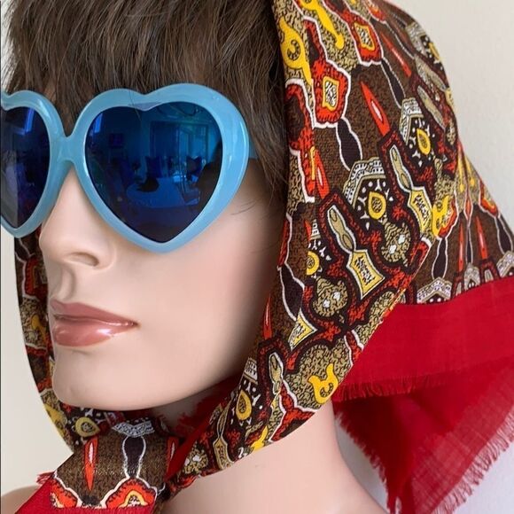 Vintage lightweight fine wool print scarf fringe - Picture 5 of 8